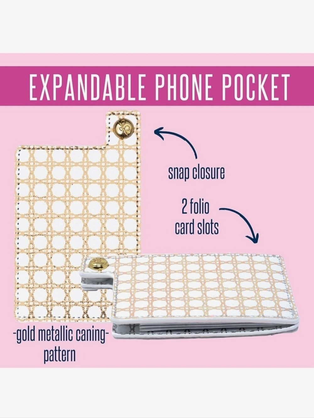 LILLY PULITZER Expandable Phone Pocket in Gold Metallic Caning Pattern - Picture 8 of 8